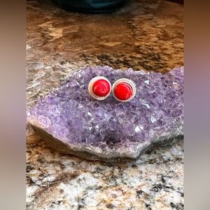 Silver Red Coral Stud Earrings